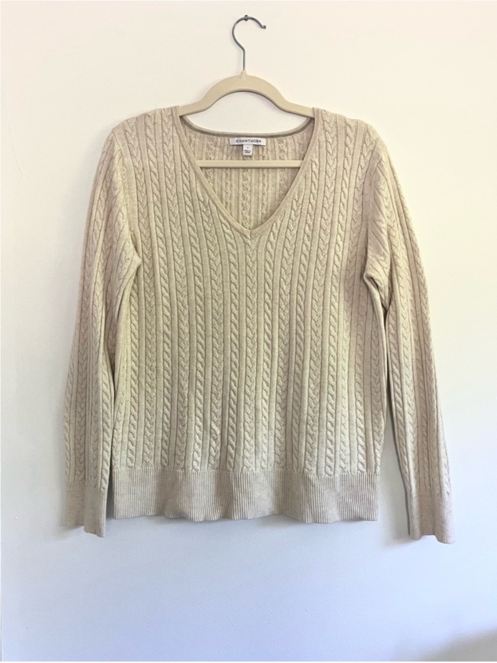 41 Hawthorn Cream Cable-Knit V-Neck Cashmere Silk Blend Preppy Classic Sweater L